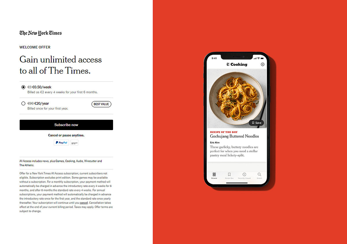 Ein Screenshot der Landingpage und Registrierungsmaske der New York Times