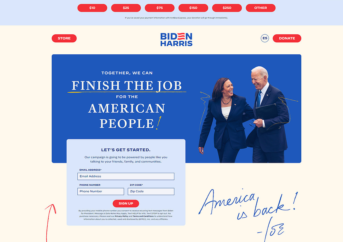 Ein Screenshot der Kampagnenwebsite von Joe Biden