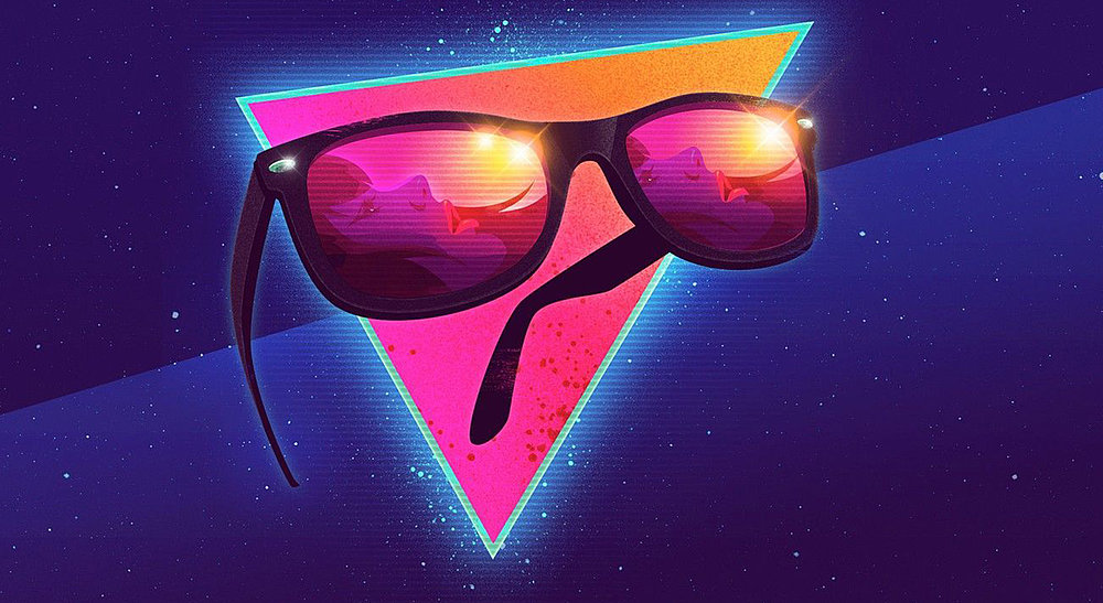 Retro 80er Bild in Neon Farben mit Sonnenbrille und Sonne