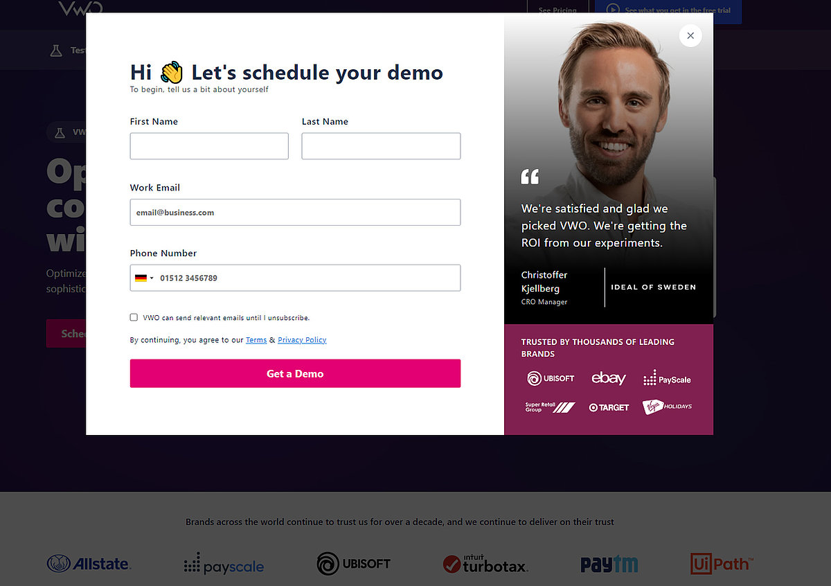 Ein Screenshot der Landingpage von VWO