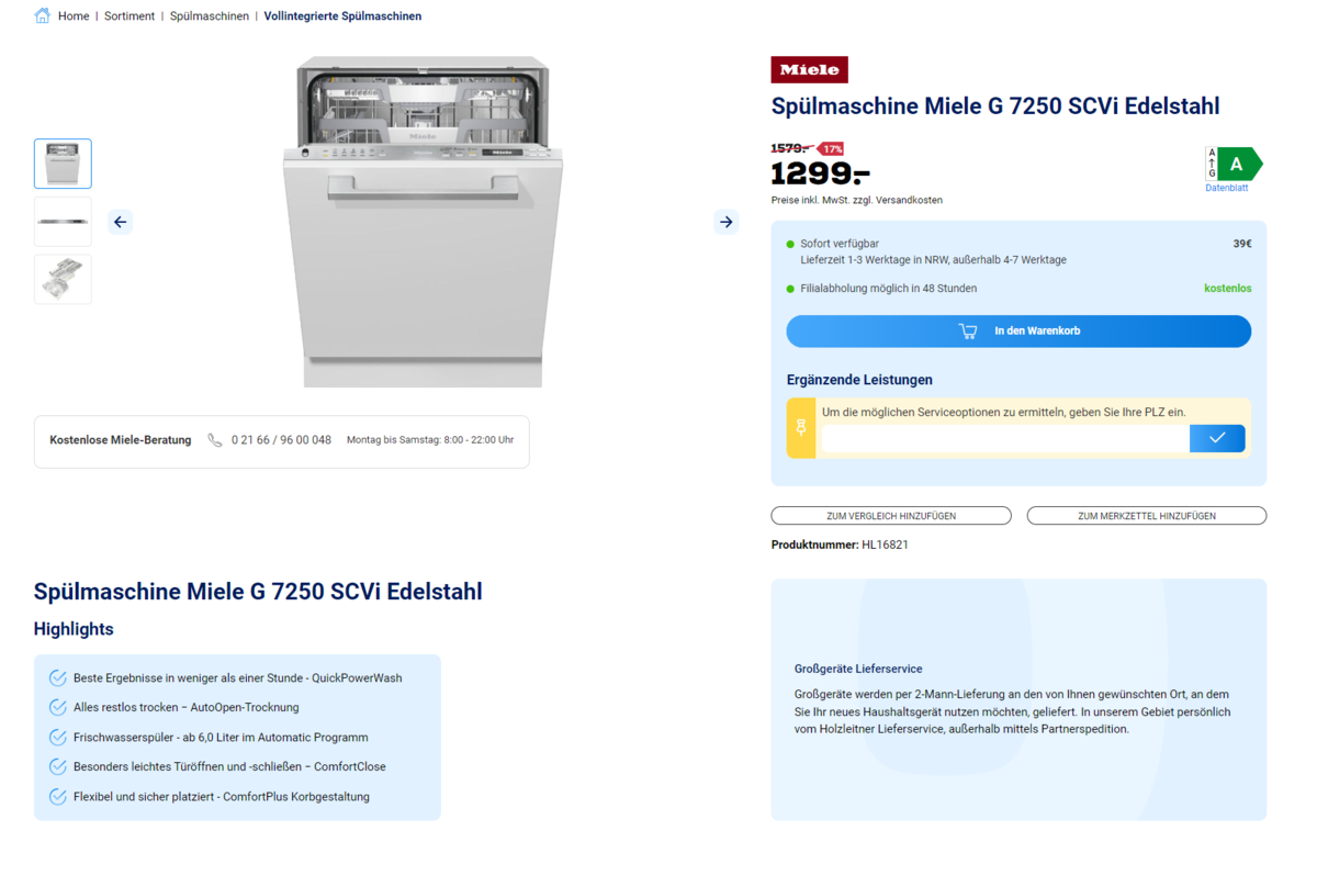 Die Produktdetailseite des Onlineshops von holzleitner.de